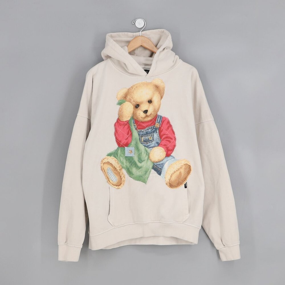 Upcycled Reworked Vintage Fabric Quilted Patch Teddy Bear Hoodie in Ivory